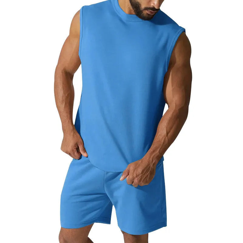 Men's sleeveless cotton blend sports top and matching shorts in a solid colour