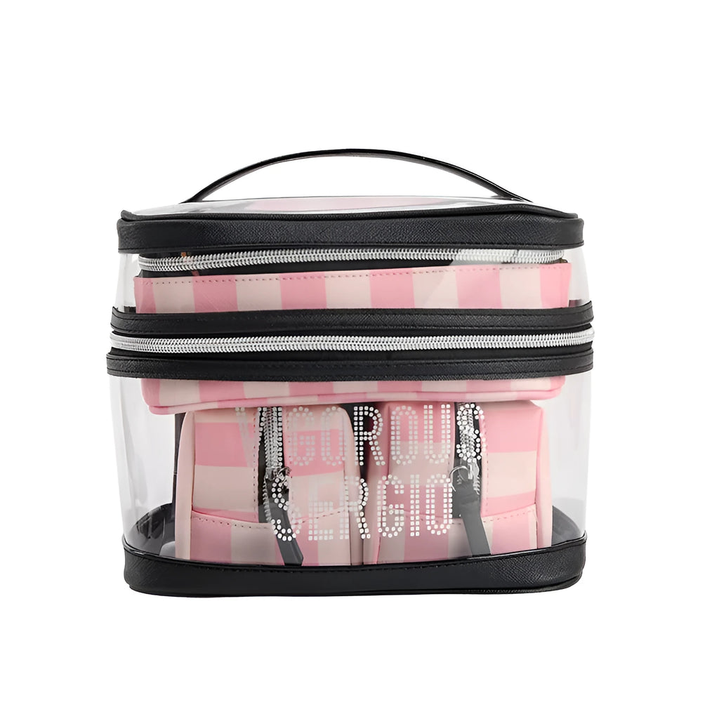 Pink bold stripes flower pattern synthetic leather waterproof folding makeup bag