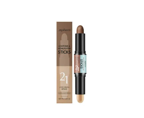 2-in-1 dual-ended eyebrow highlighter pencil with brush, shown in natural light brown shade.