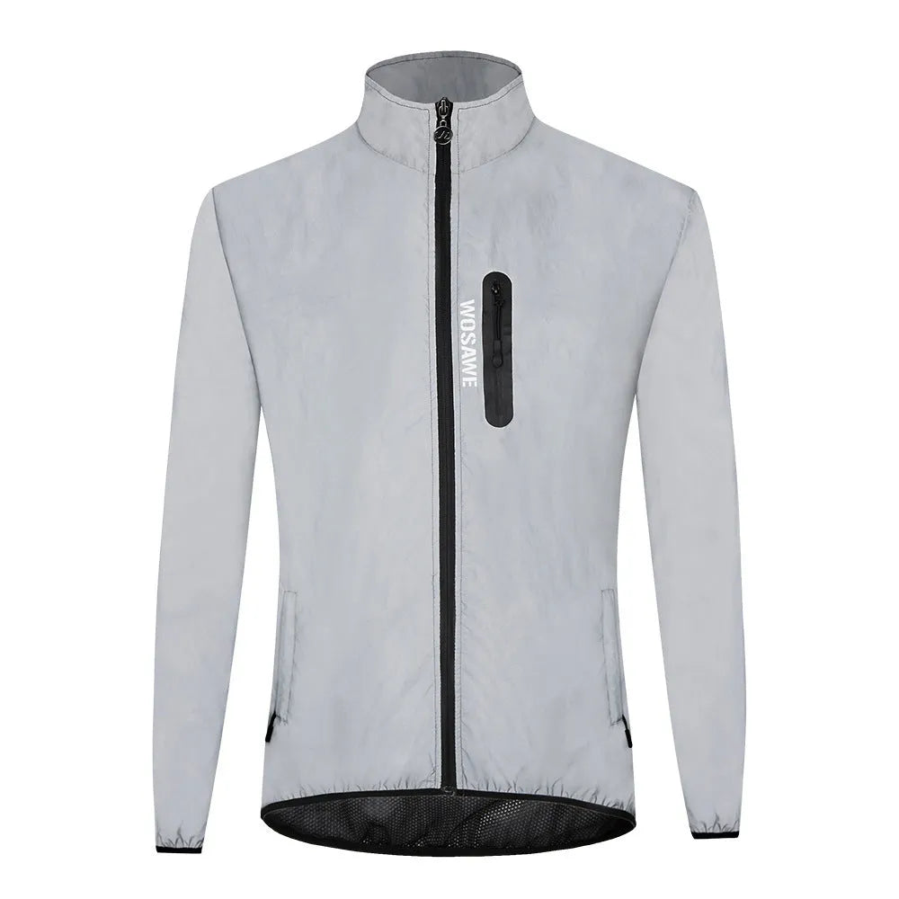 Silver waterproof polyester long sleeved windproof coat showing front design.