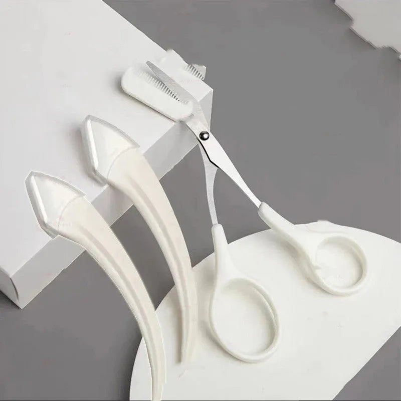 Curved moon eyebrow trimming knife with cutting comb in stainless steel and plastic construction