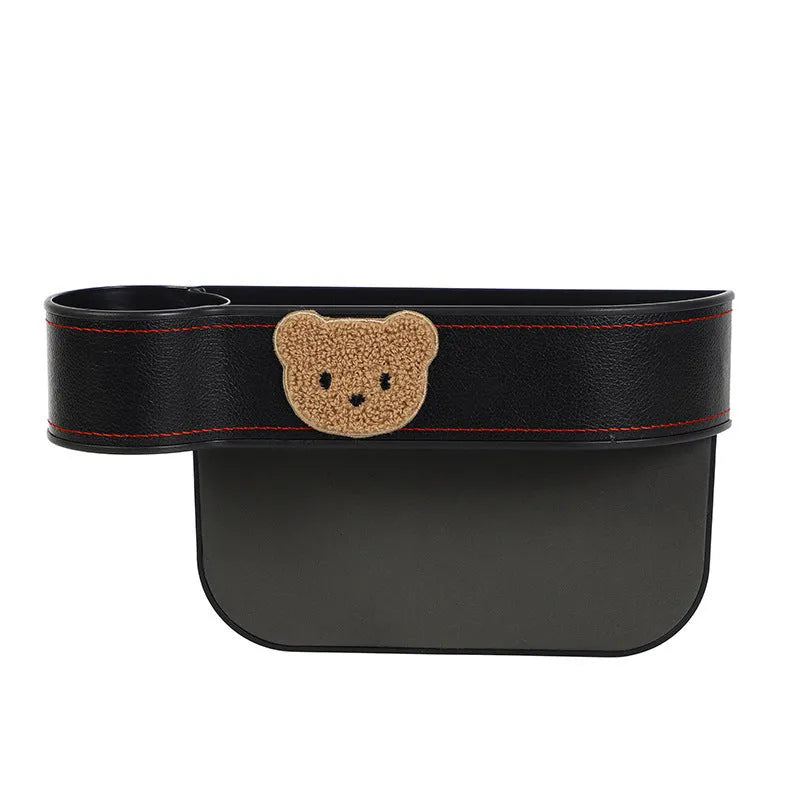 Leather car seat gap storage box with cartoon bear design for vehicle interior organisation