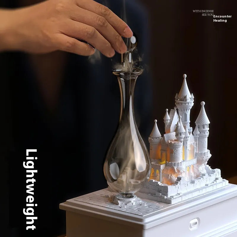 White medieval castle aromatherapy machine with ambient light, showing composite gypsum construction and Type-C charging port.
