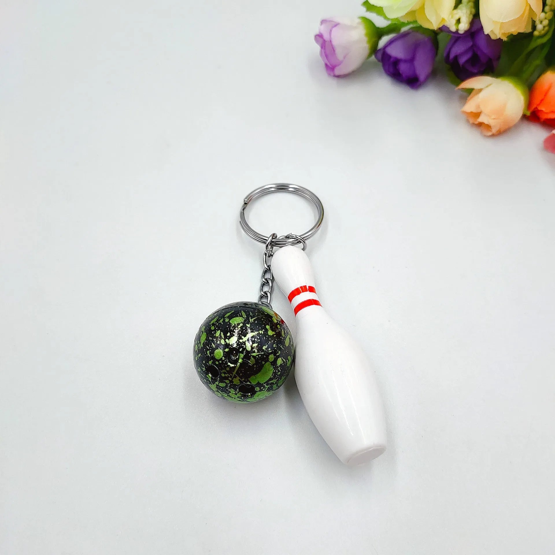 Mini simulation bowling ball keychain pendant in PVC metal construction