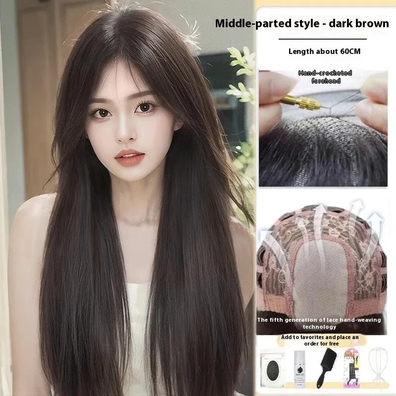 Forehead lace long straight black wig with side bangs in high temperature fibre material