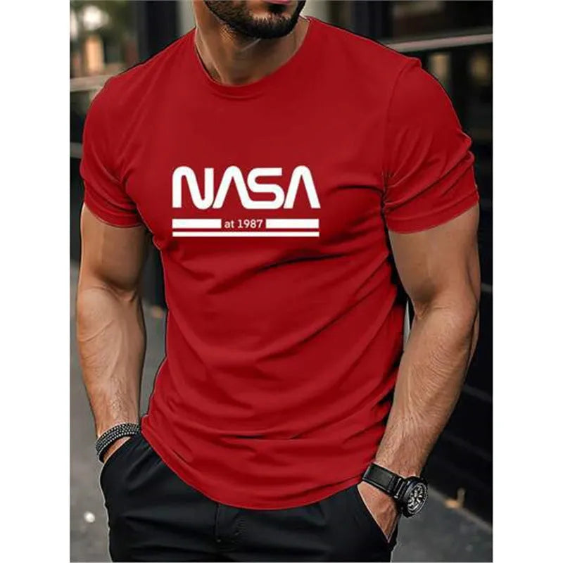 Printed slim-fit men's short sleeve cotton T-shirt on a hanger, shown in multiple colour options.