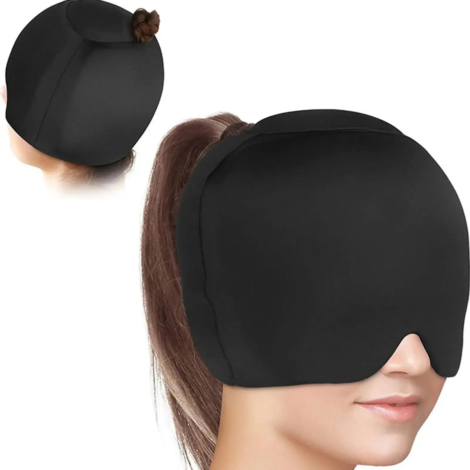 Simple solid colour cold compress cap in polyester, shown in black, dark blue, and pink.