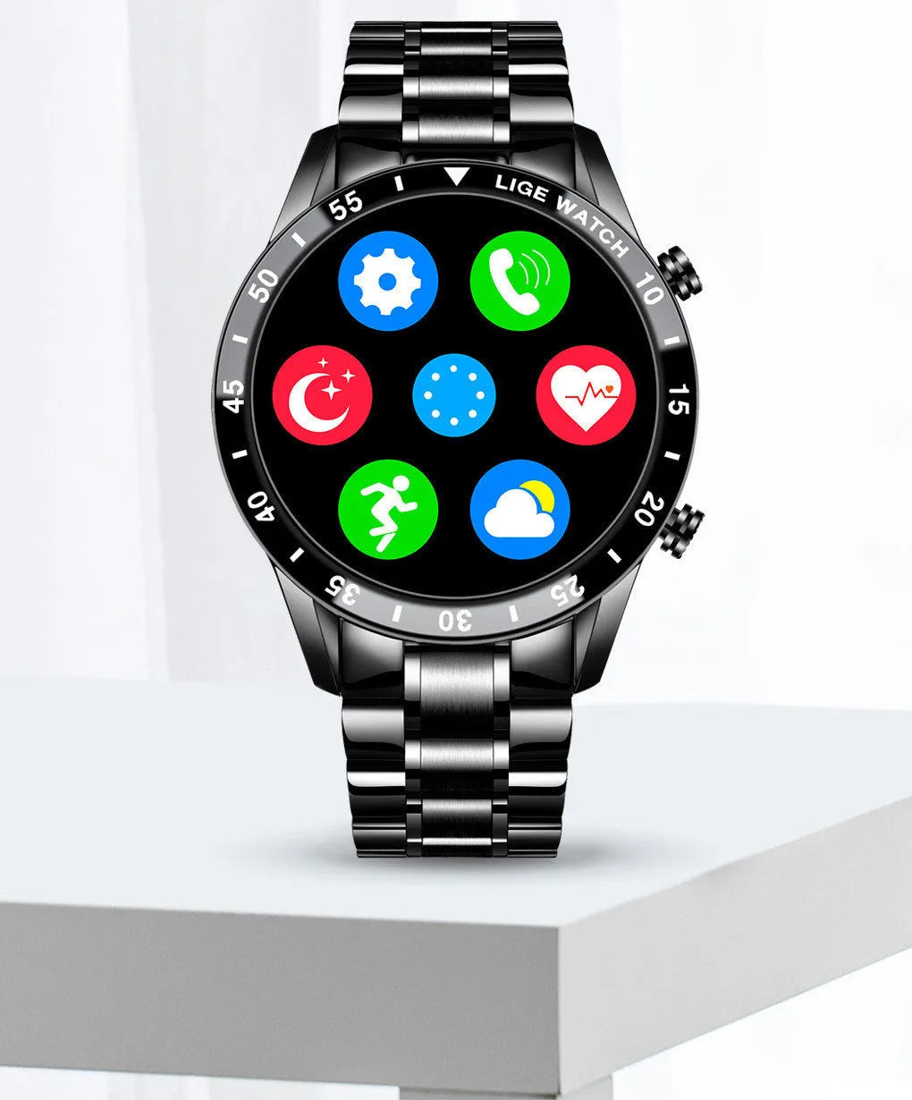 Stainless steel smart watch with 1.3-inch display showing step counting data on wrist