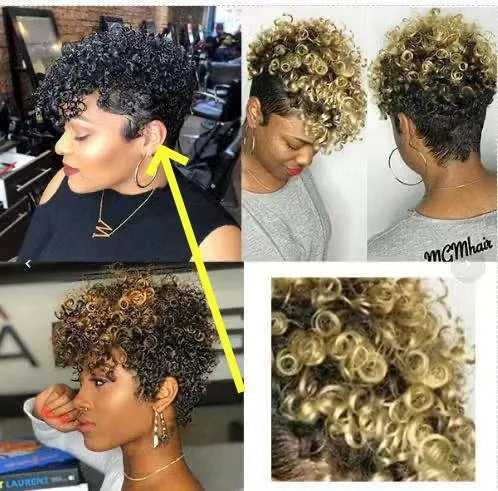 Short blonde synthetic wig with rolled styling on a mannequin head.