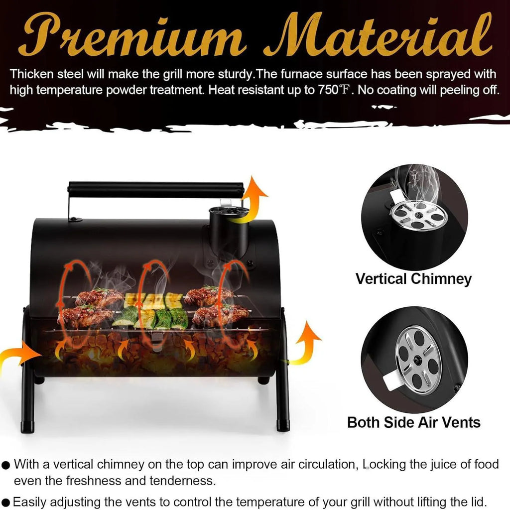 Small foldable charcoal barbecue stove with grill attachment on desktop
