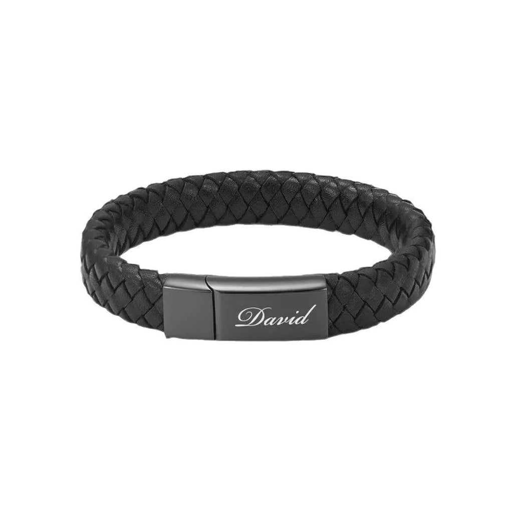 Black leather and stainless steel casket bracelet for memorial ashes with personalised engraving