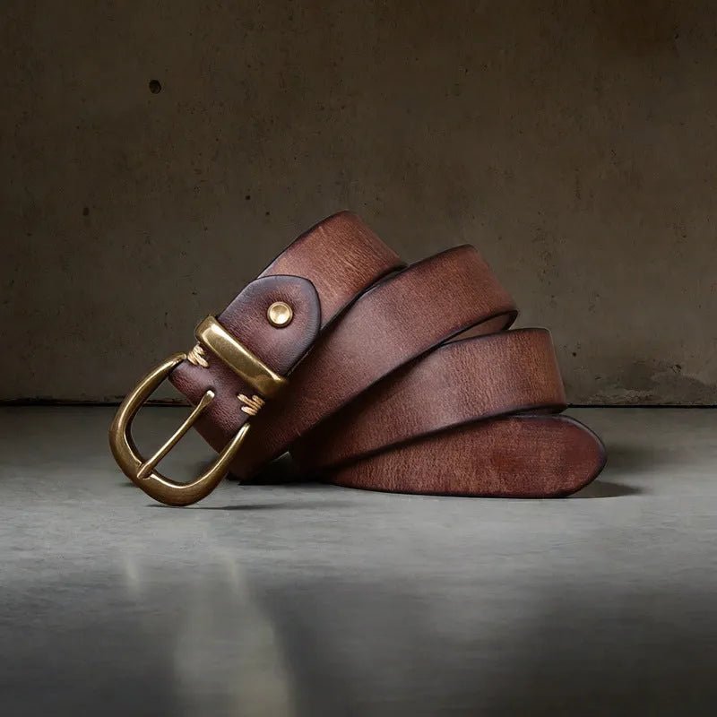 Men's casual belt in first layer cattlehide leather with copper pin buckle in black, brown, or khaki.