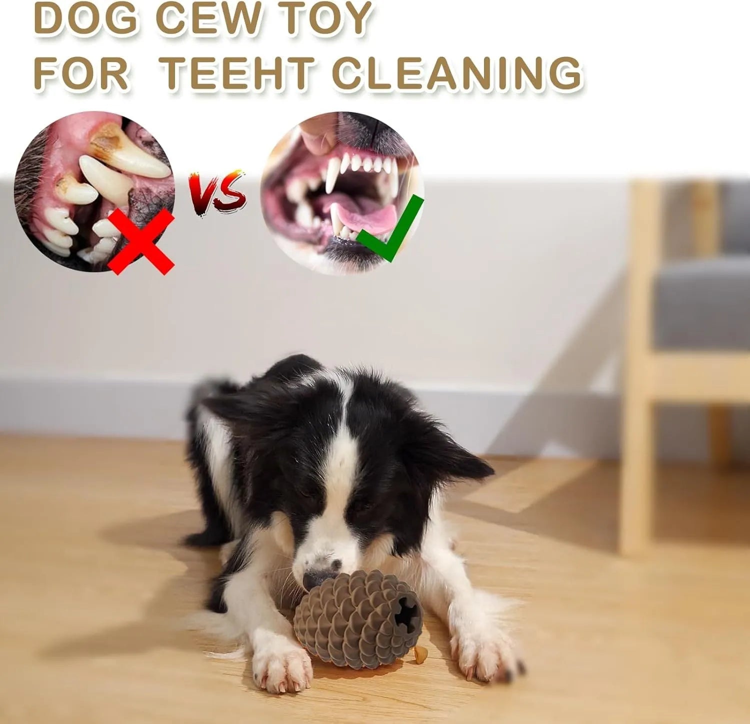 Yellow pine cone shaped natural rubber dog chew toy with textured surface and treat dispensing opening