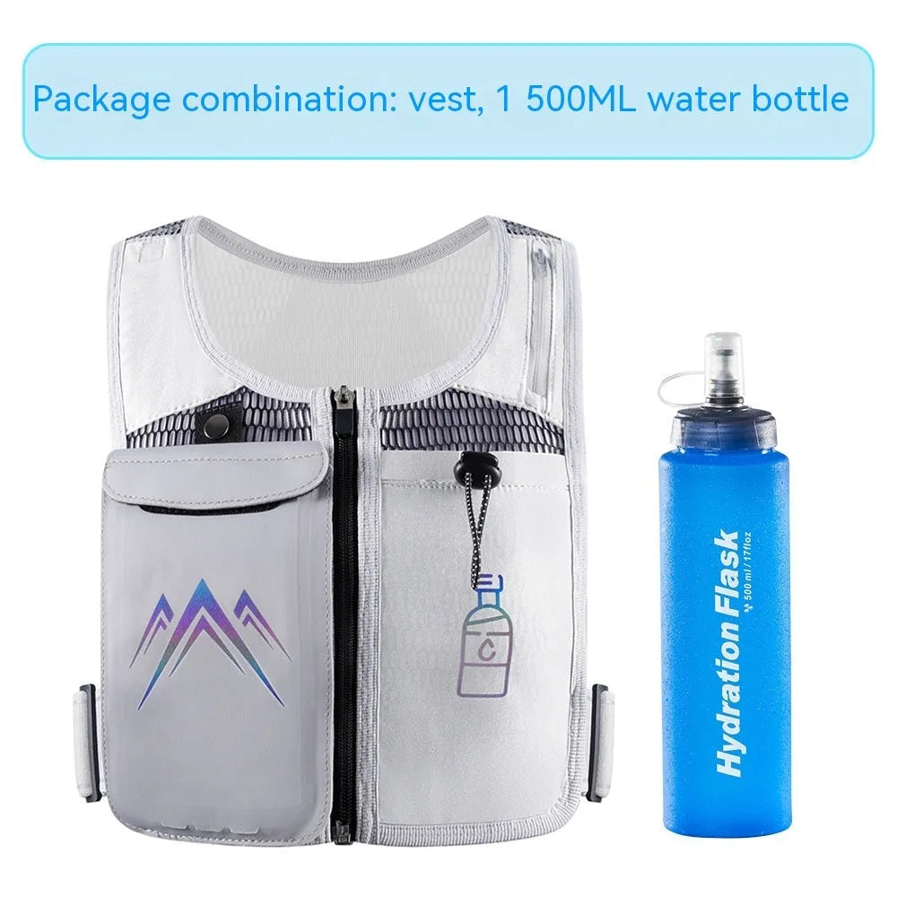 Black breathable mesh running vest with phone compartment and optional hydration flask for outdoor sports