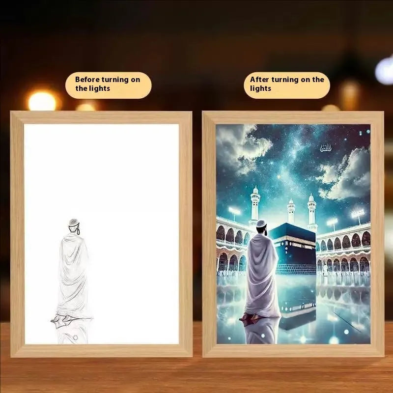 Modern rectangular LED light painting wall art with handmade frame showing illuminated design