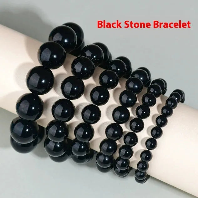 Hand-woven obsidian couple bracelet set with year of birth engraving in ethnic unisex style