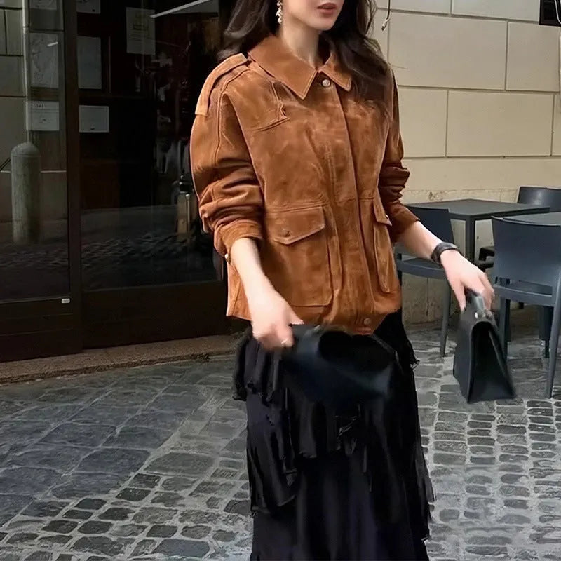 Women's suede street chic coat with regular sleeves in brown colour