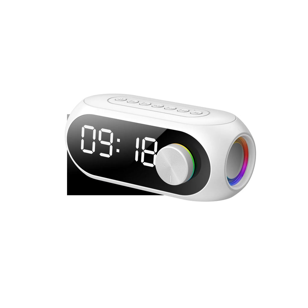 Mini portable Bluetooth speaker with clock display in black, white or blue colours showing extra bass and USB power