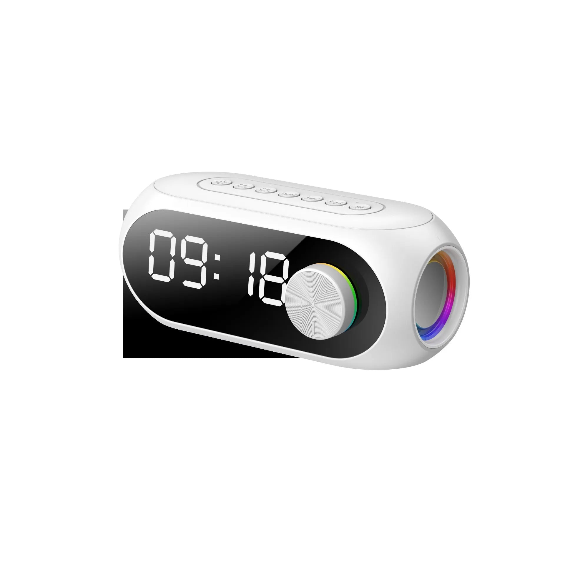Mini portable Bluetooth speaker with clock display in black, white or blue colours showing extra bass and USB power