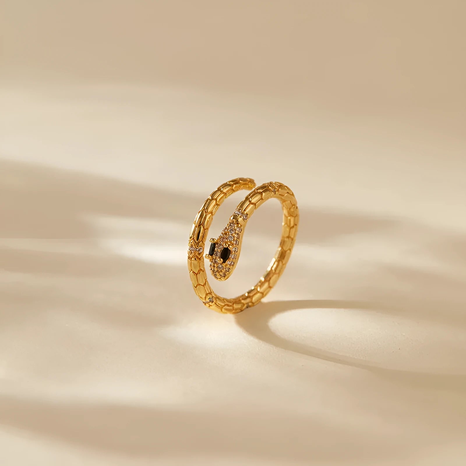 Adjustable copper snake ring with open mouth design and 18K gold colour retention