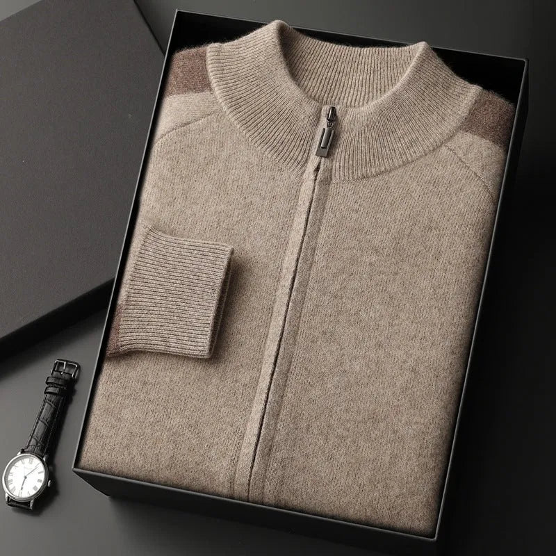 Men's cashmere blend cardigan suit with half turtleneck zip and matching trousers in winter colours