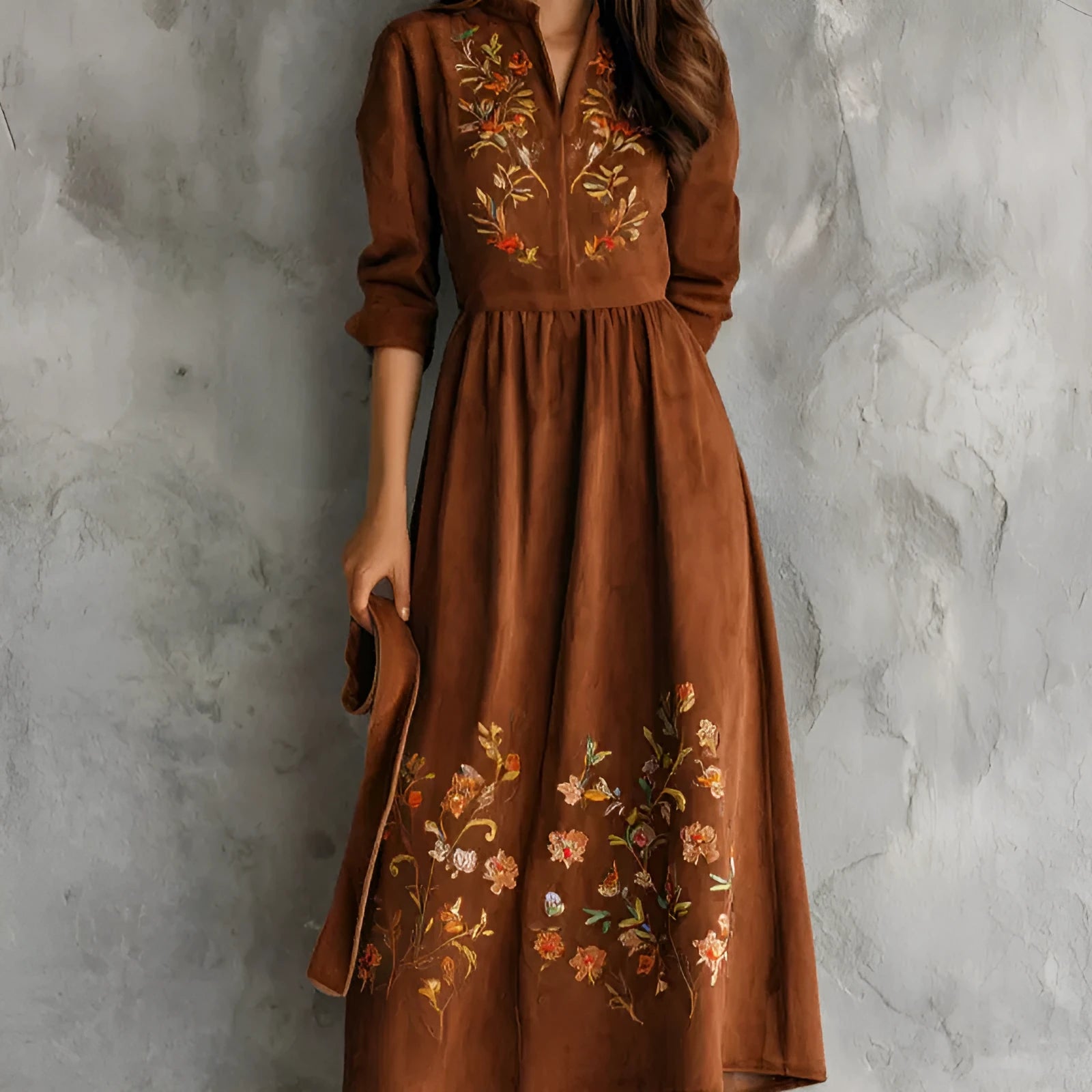 Brown midi dress with floral embroidery on polyester suede fabric, leisure style
