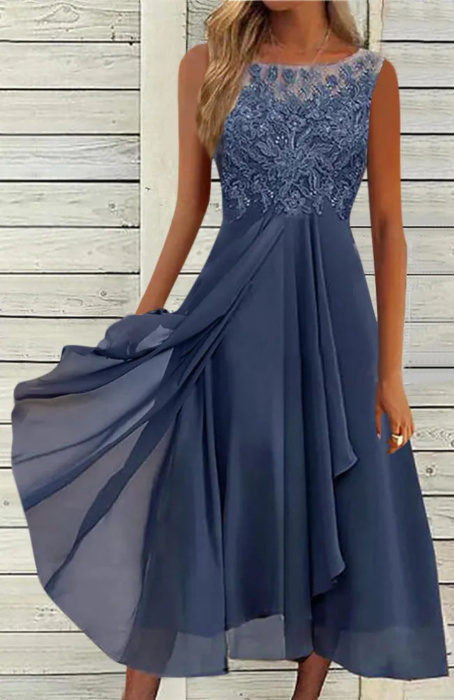 Women's sleeveless chiffon dress with lace hollow-out stitching, midi length, shown in blue.