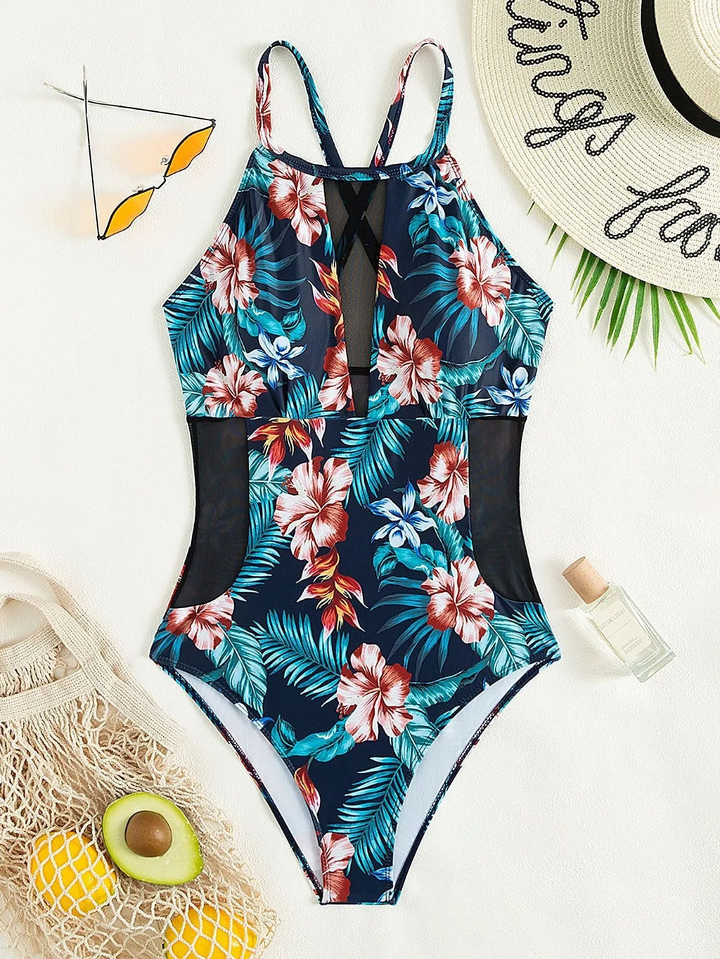 Women's deep V-neck one-piece swimsuit in polyester with gradient print design