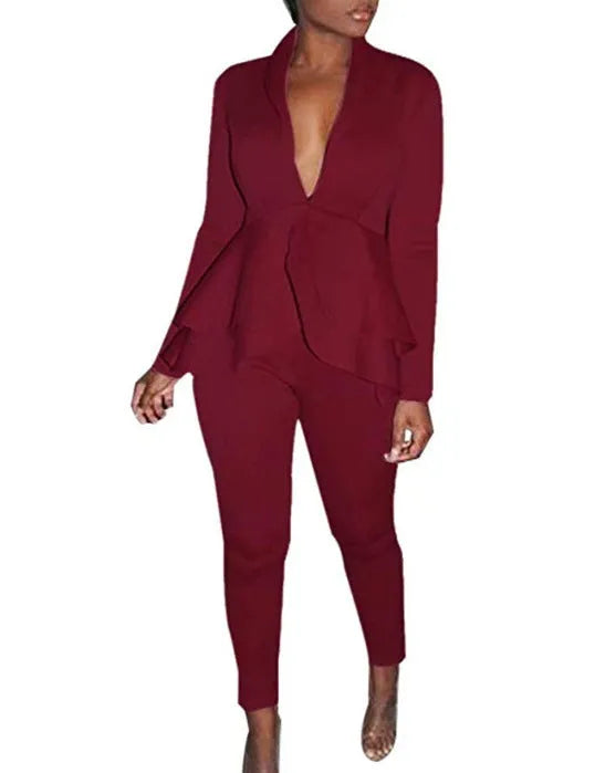 Women's white polyester business casual uniform set with ruffle blouse and pencil pants on a hanger.