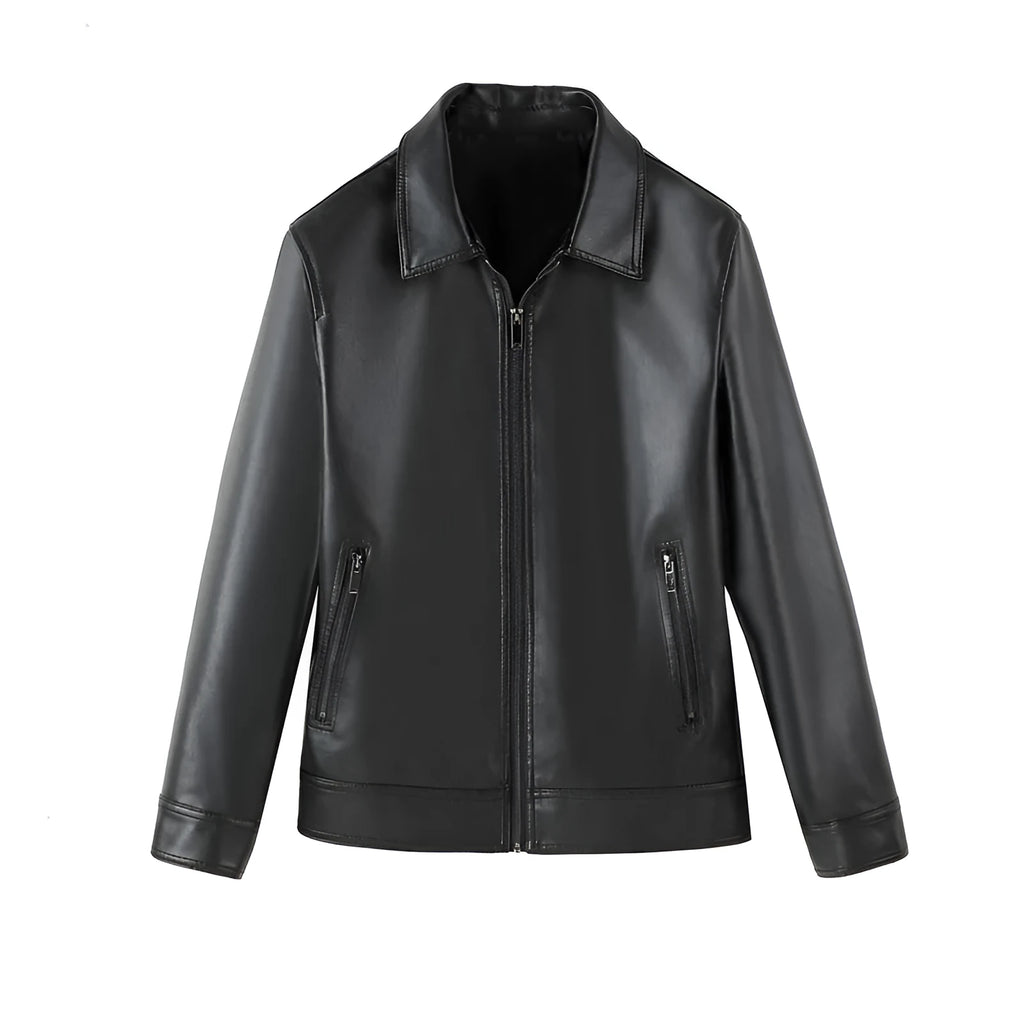 Men's black loose fit PU leather casual jacket with zip front