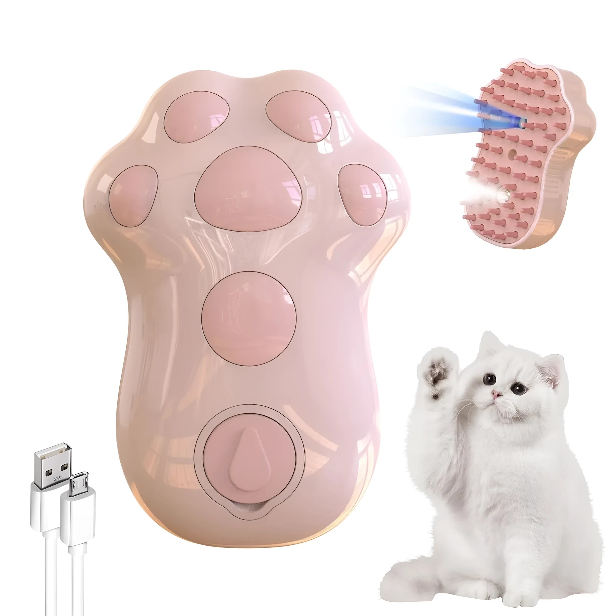 Blue self-cleaning pet steam brush with silicone bristles and spray function.
