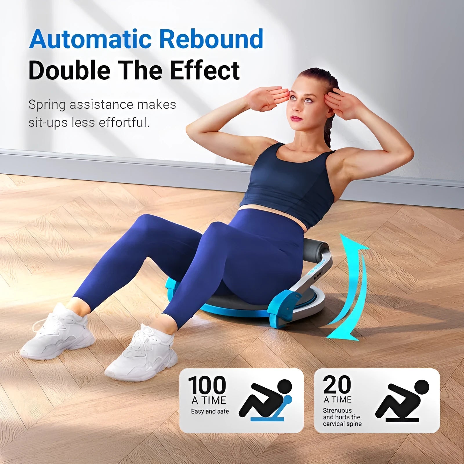 Sky blue and red coloured mini multifunctional abdominal fitness device on a white background.