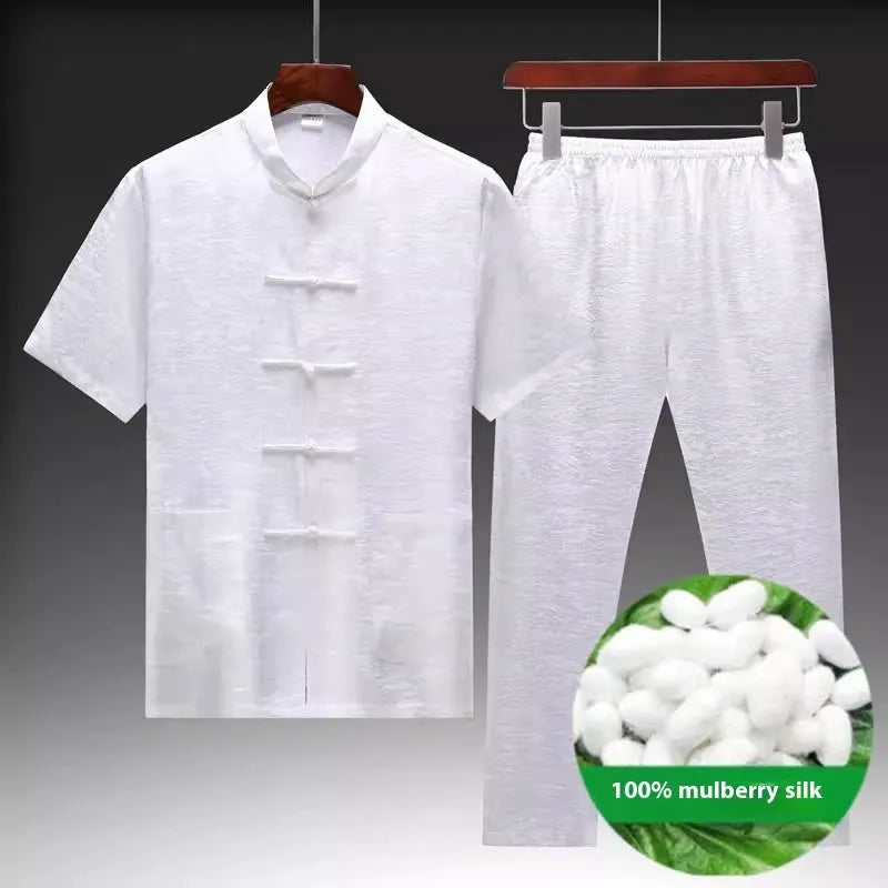 Traditional Chinese mulberry silk Tang suit for men in light green colour