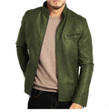Men's brown punk-style artificial leather motorcycle jacket with a stand collar and patch pockets.