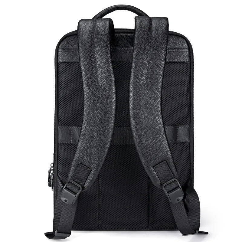 Black men's leather business backpack with curved shoulder straps and sewing line detailing