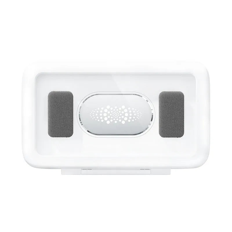 White waterproof phone holder mounted on bathroom tile with phone inside showing touch screen access