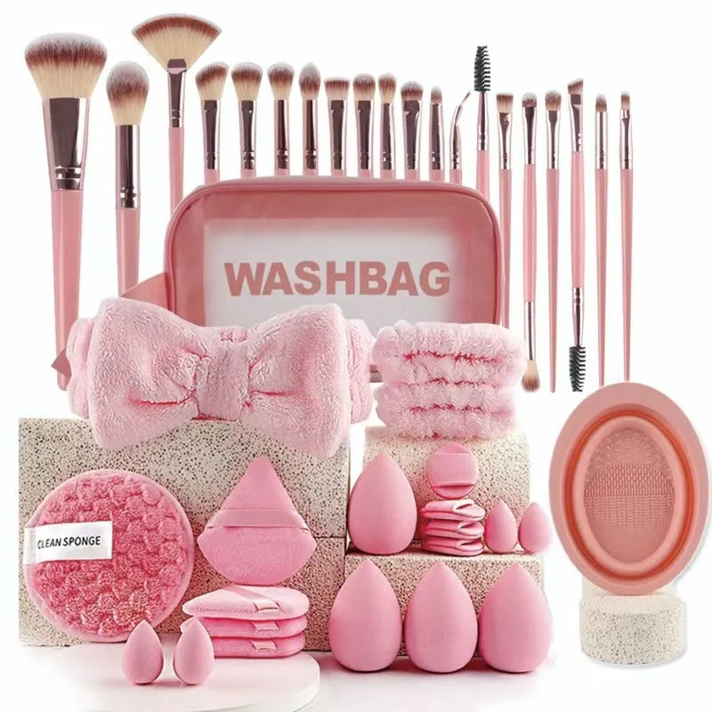 Beauty tools combination suit for face wash and makeup in brown, pink, purple colours