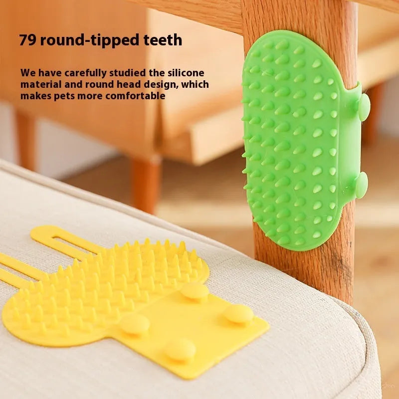 Silicone cat grooming comb with rounded teeth and adjustable strap in multiple colours