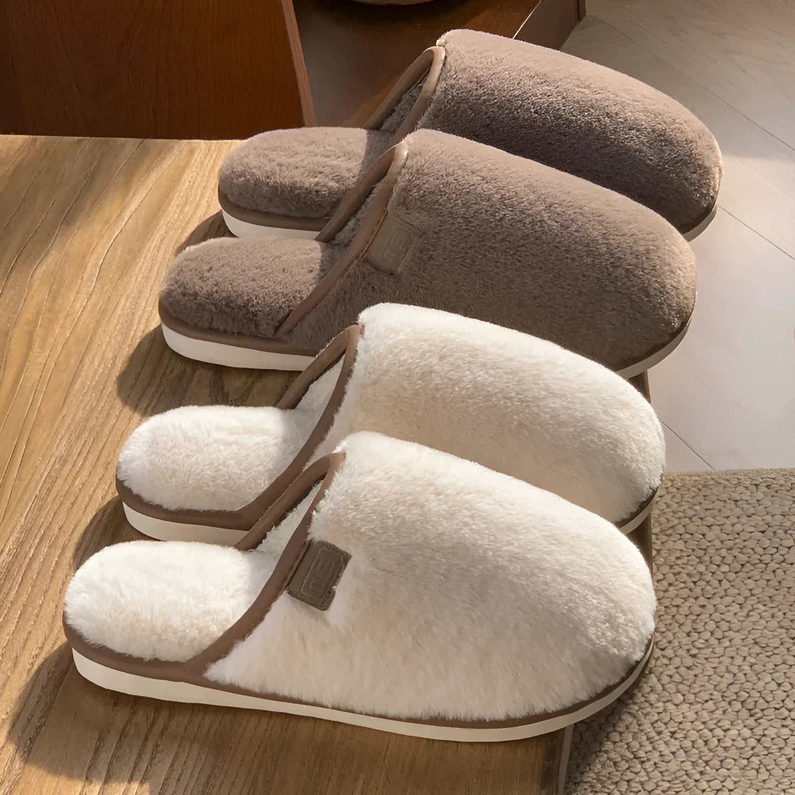PVC non-slip winter slipper in a solid colour on a wooden floor.