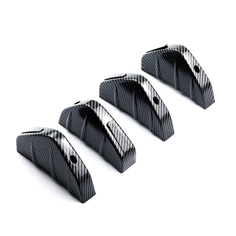 Set of four black ABS plastic triangle rear spoilers for car bumper, measuring 15cm wide, with screws and adhesive tape.