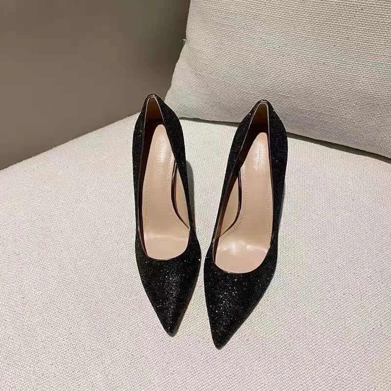 Women's wedding shoes with crystal decoration, stiletto heels in silver and black colours