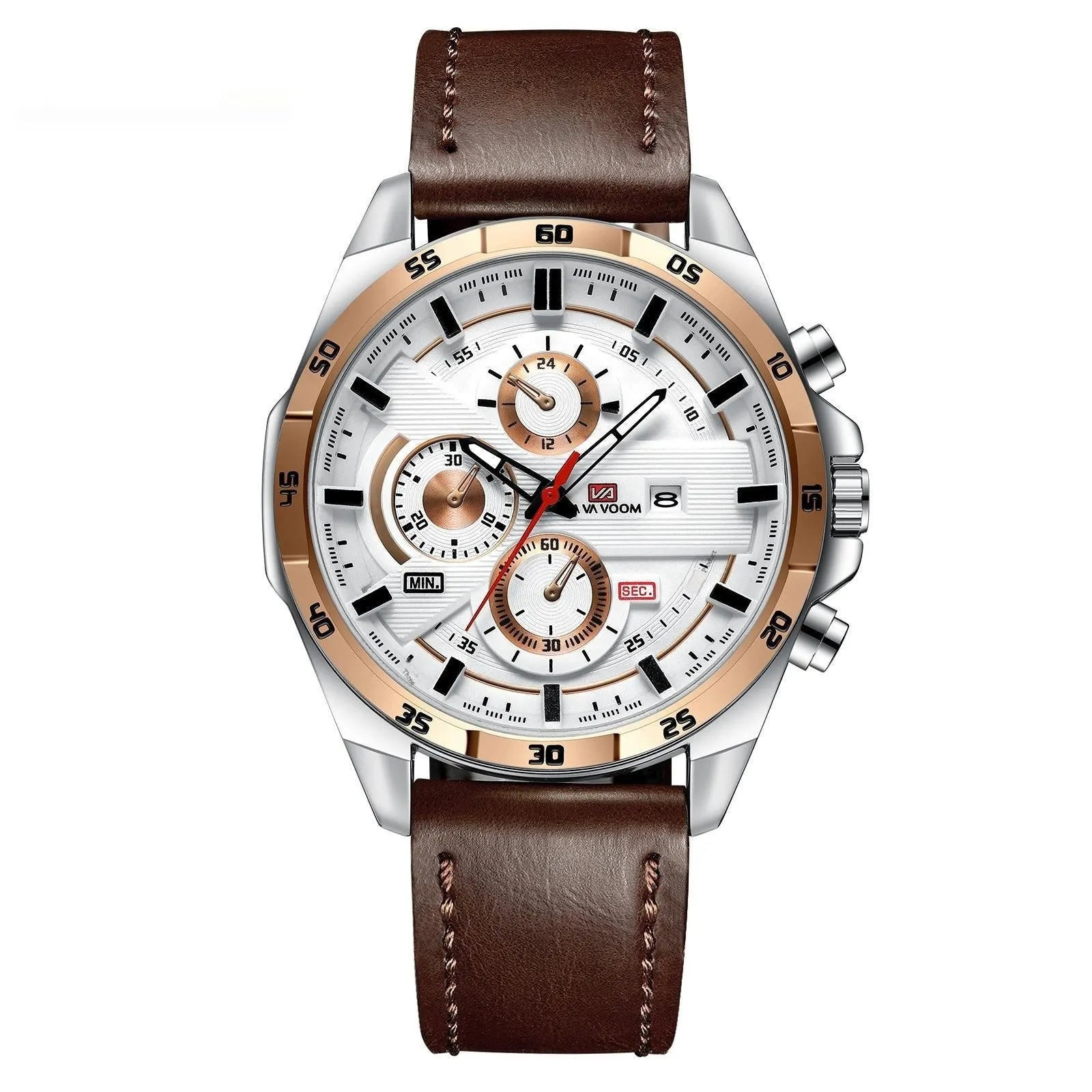 Men's casual quartz watch with business calendar on brown leather-look strap and white dial.