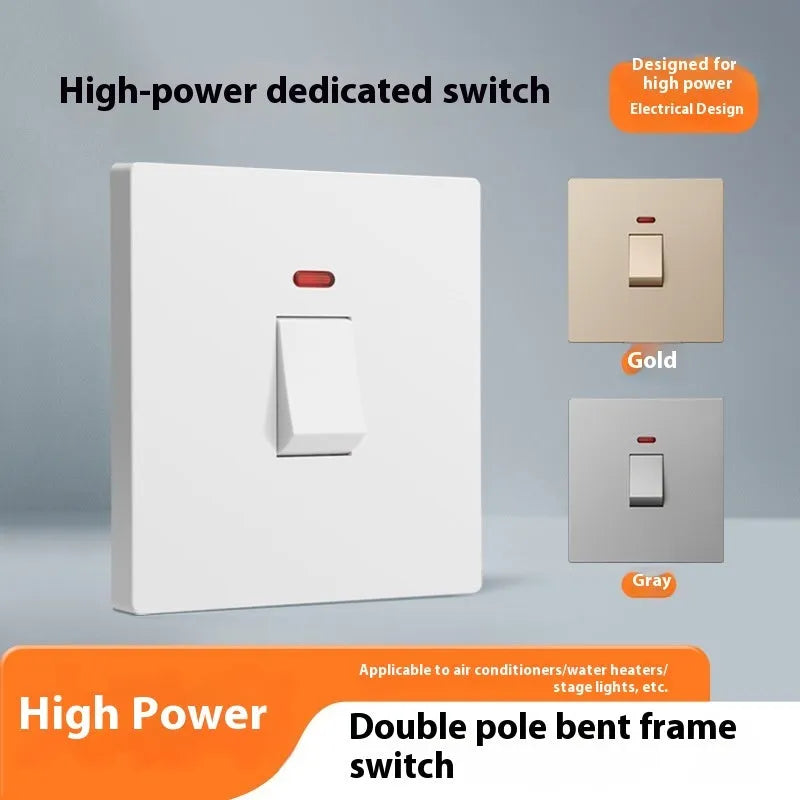 Gold, grey, and white 25A 45A high-current double-break switch with illuminated light panel.