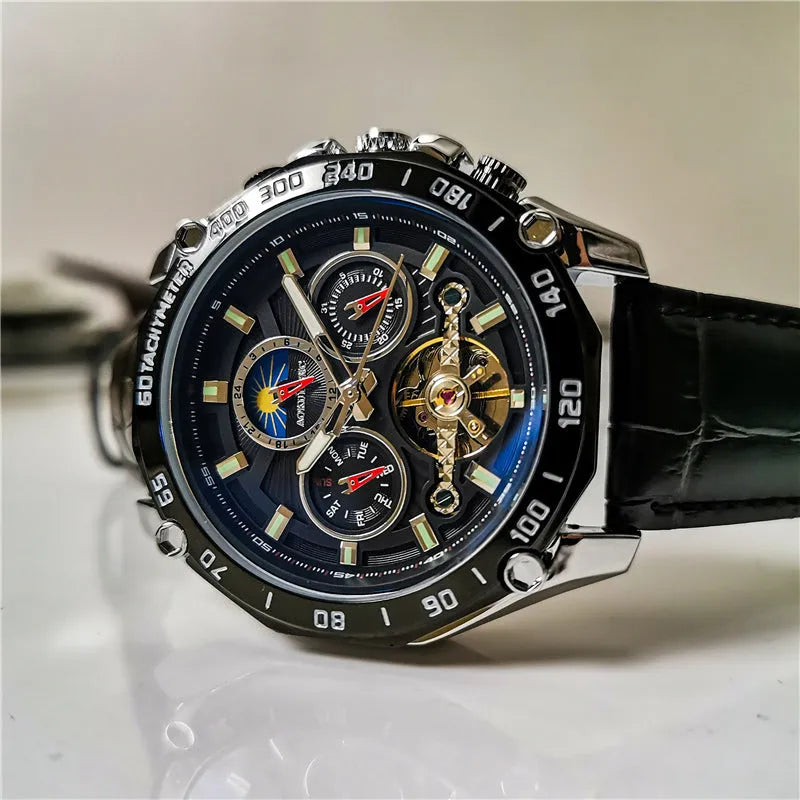 Men's automatic mechanical watch with stainless steel case on wrist, showing multi-functional dial.