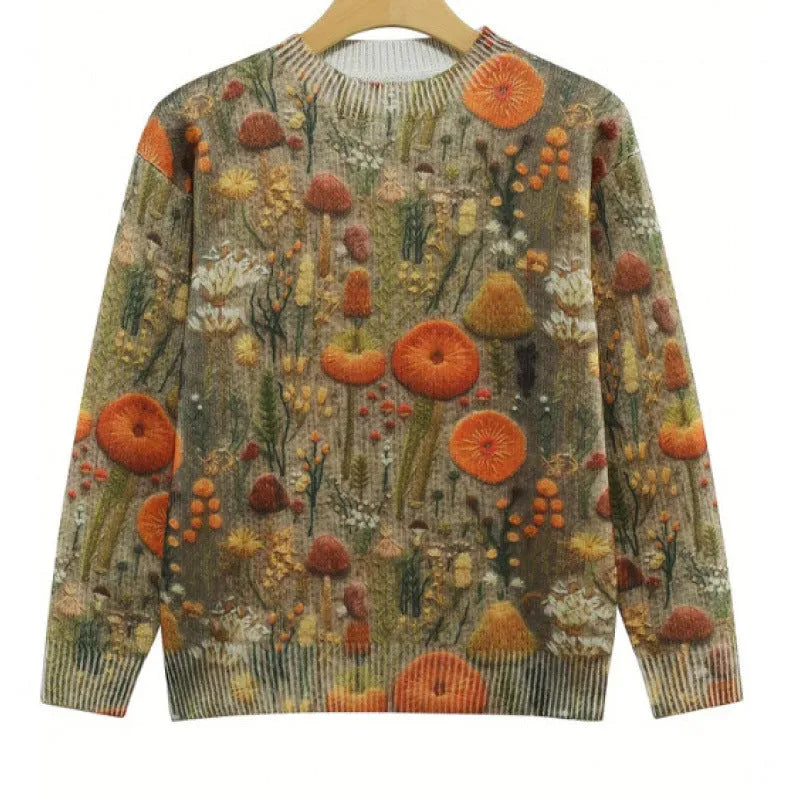 Little Flower digital printed round neck sweater in polyester, shown on a hanger.
