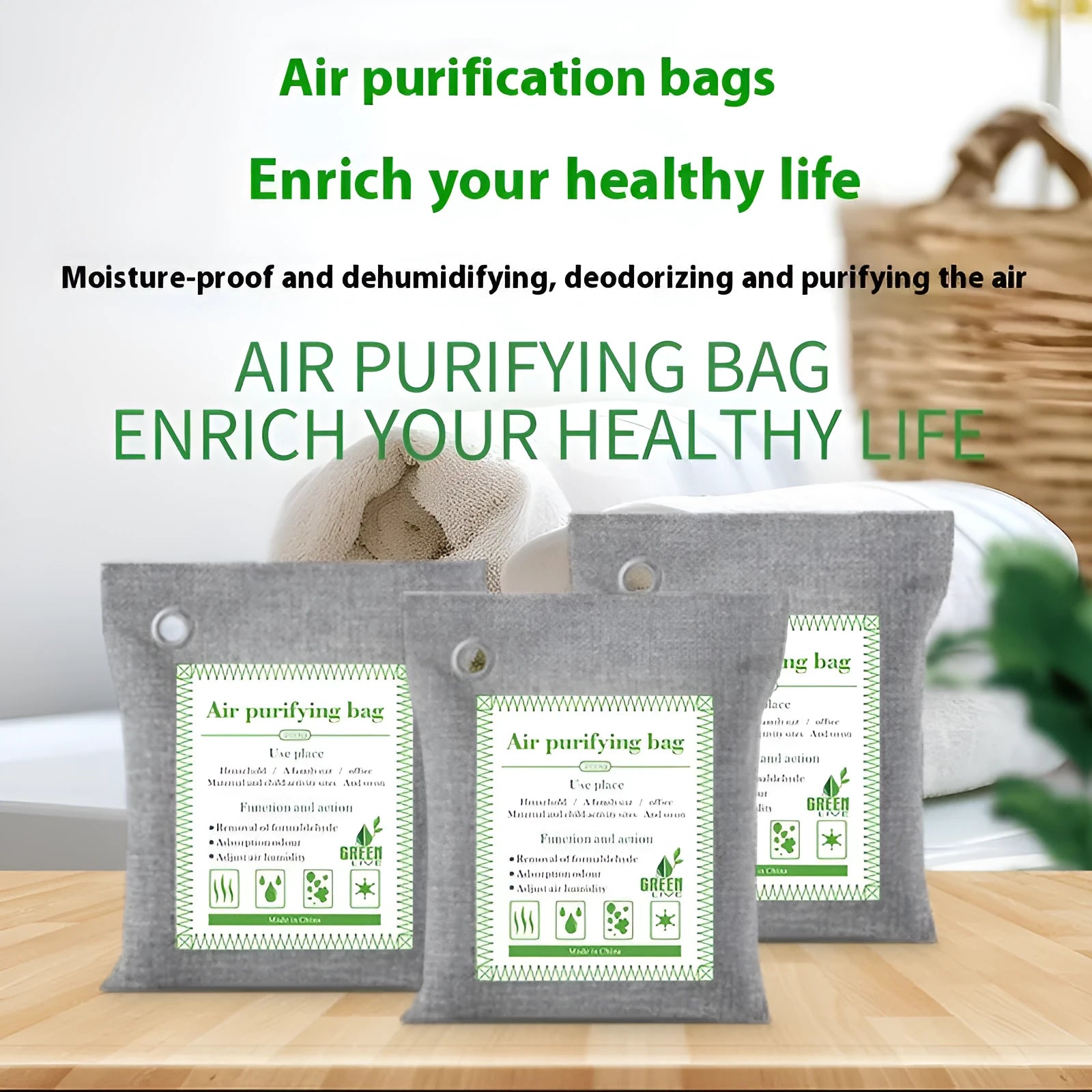A sewing-style fabric bag filled with bamboo charcoal for formaldehyde removal and air freshening.