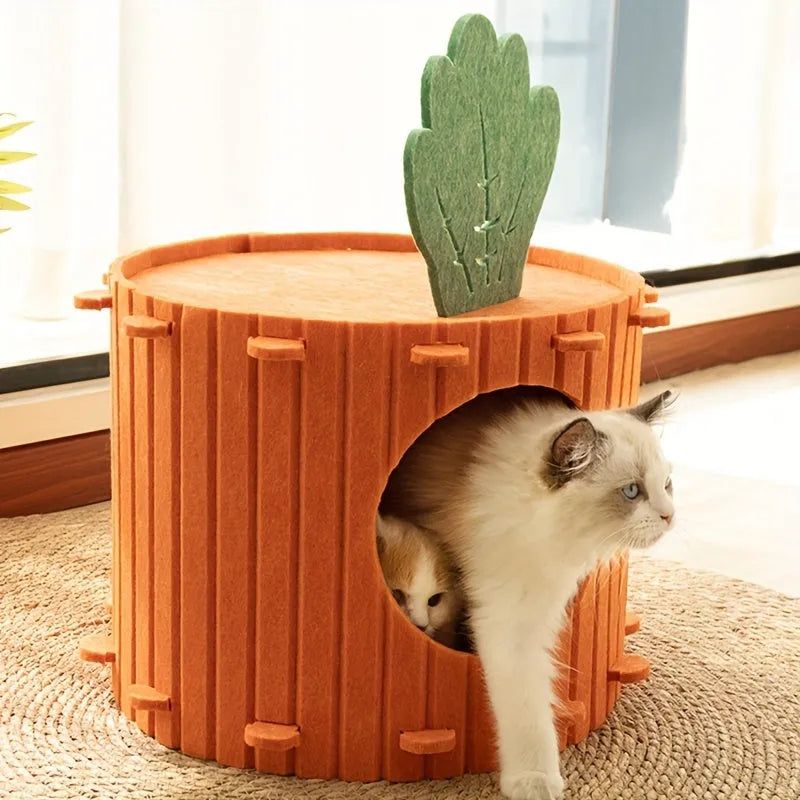 Grey needle-punched felt cat tunnel nest in a semi-enclosed cattery shape.