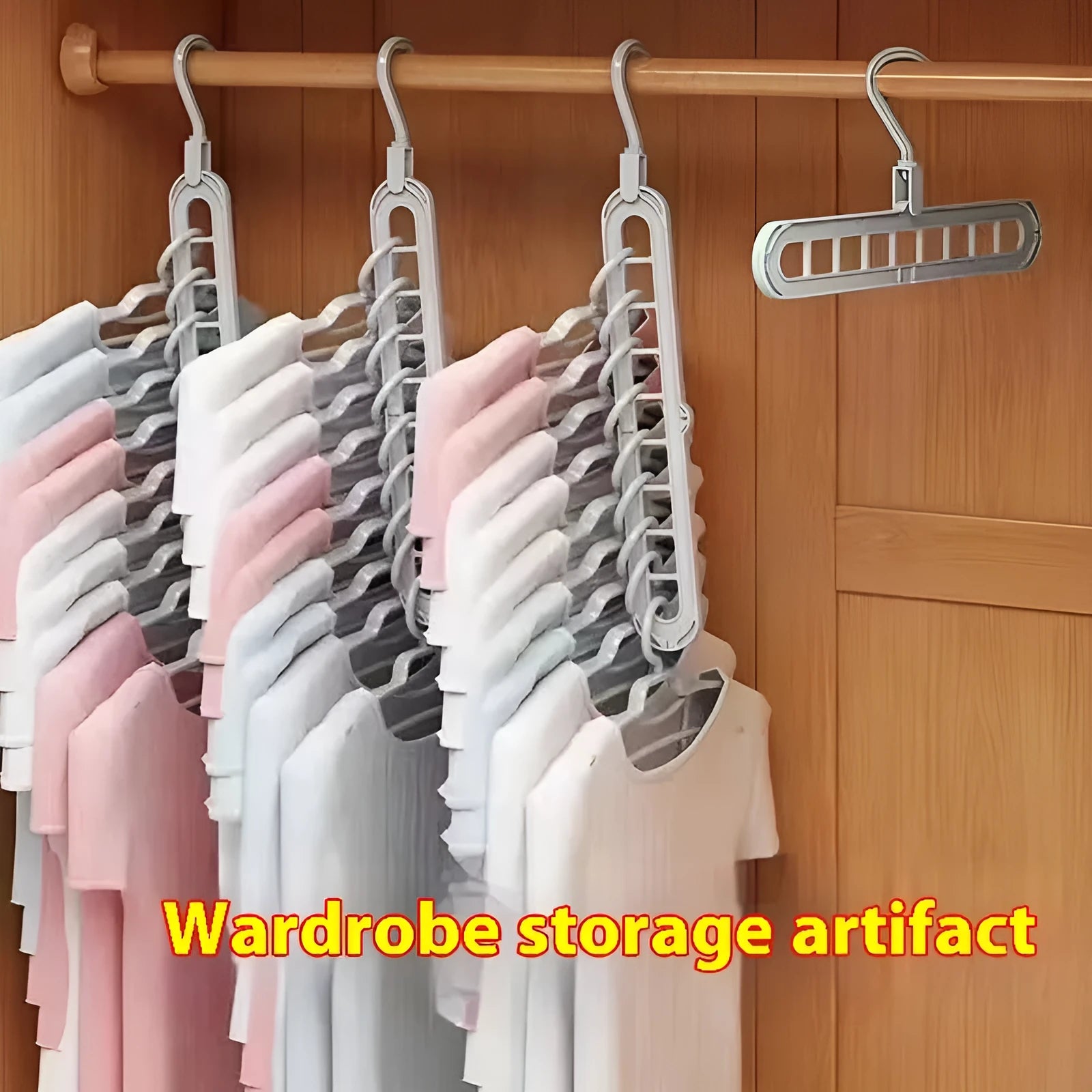 Multifunctional plastic nine-hole folding hanger for trousers, shown in beige, blue, green, pink, and grey colour options.