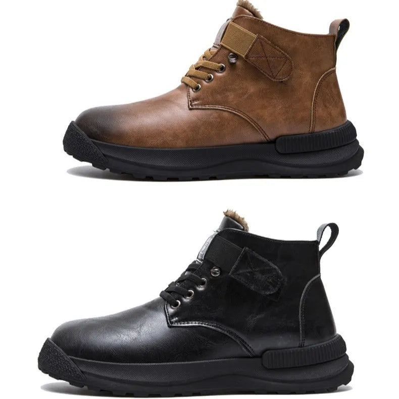 Black and brown Martin boots with high-top platform design and velvet detailing