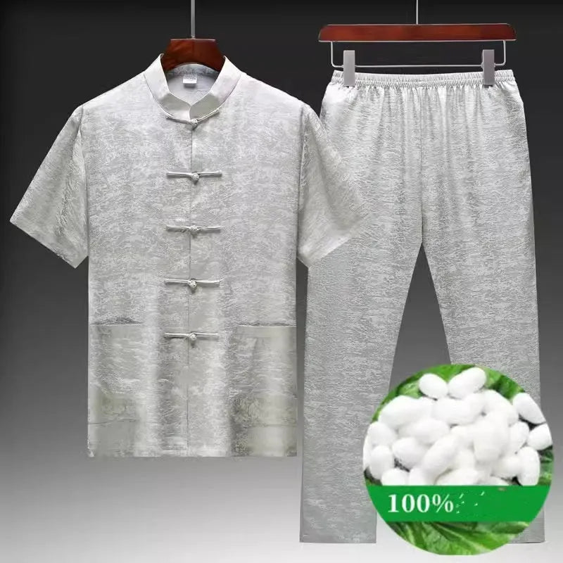Traditional Chinese mulberry silk Tang suit for men in light green colour